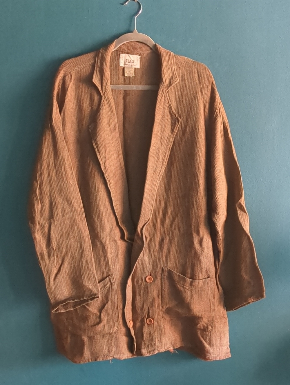 100% Flax Linen By Jeanne Englehart Brown Oversized Waffle-Knit Blazer